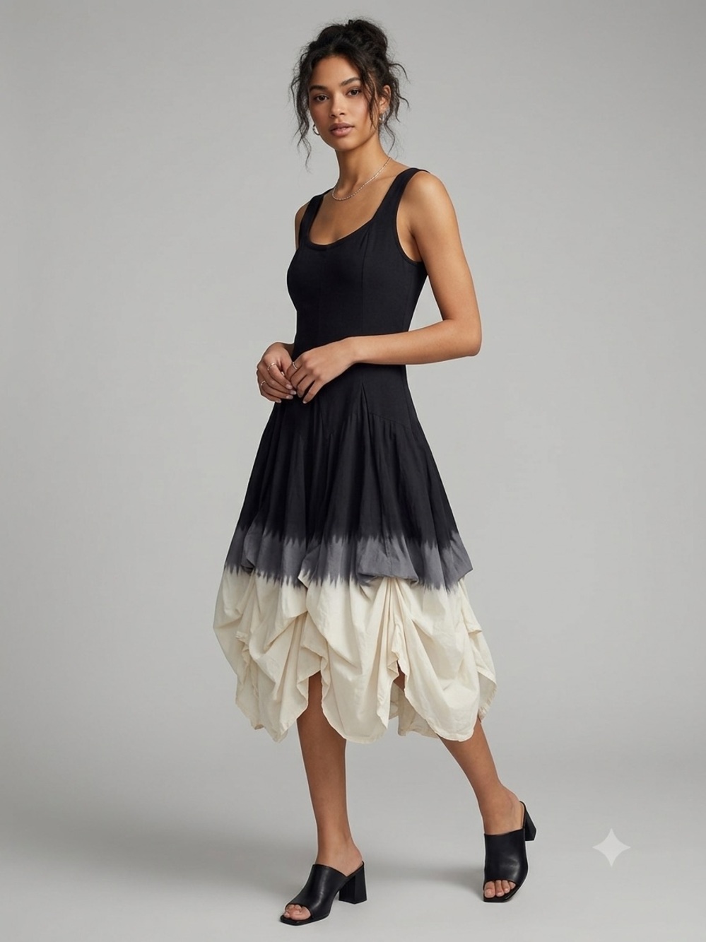 Luna Luz Sleeveless Black-to-Cream tie-dye Ombre Midi Dress designer S corset